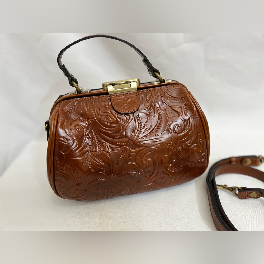 Patricia Nash Brown Gracchi Frame Tooled Leather Satchel Crossbody Bag STUNNING!